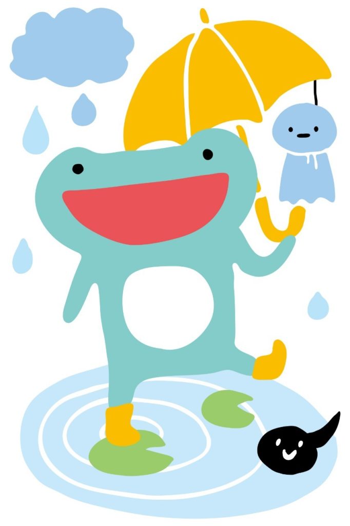 カエルが傘を持って笑っているイラスト