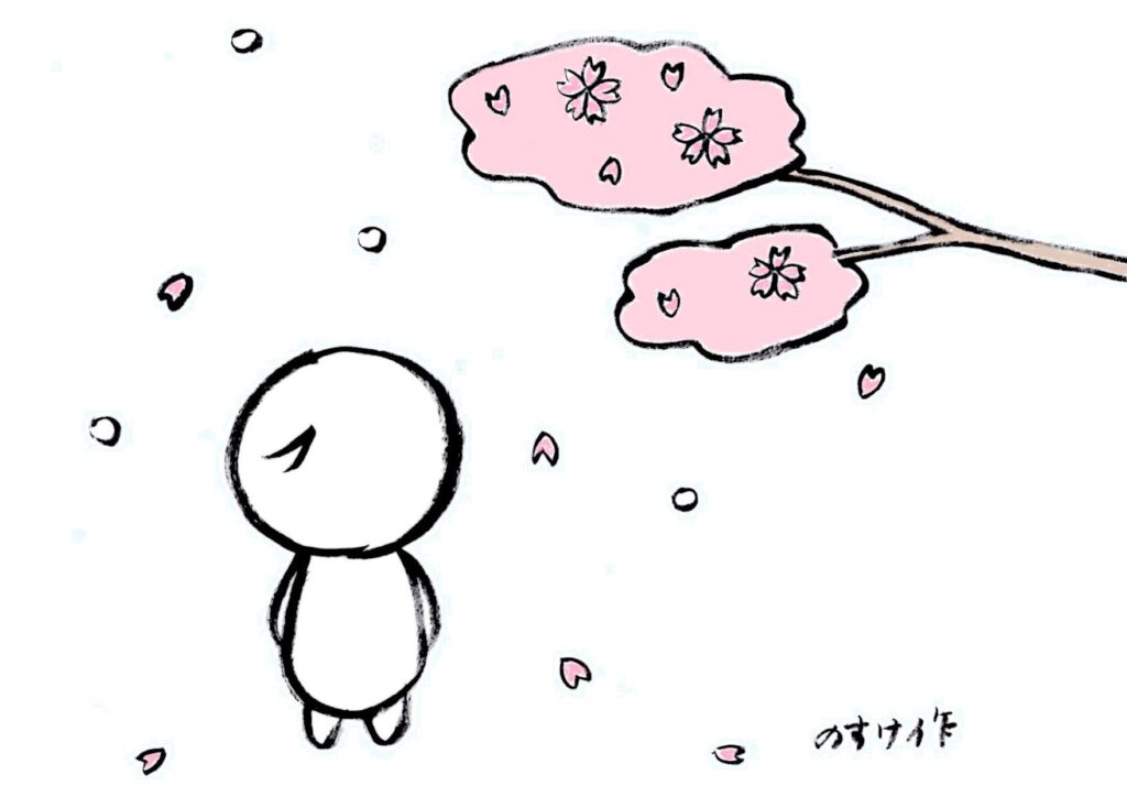 桜の季節に降る雪を見る人のイラスト