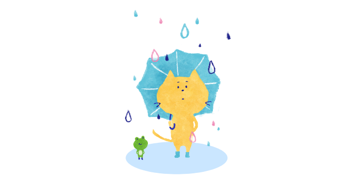 雨の中傘をさす猫とカエルのイラスト